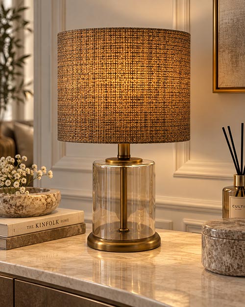 آباژور کریستالی کلاسیک با شید پارچهای و پایه تراشدار