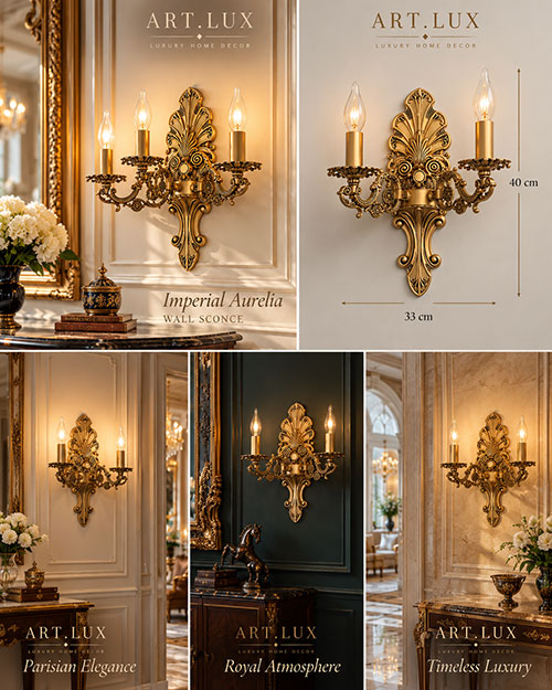 💎 دیوارکوب سهشاخه طلایی آرت لوکس | مدل Imperial Aurelia