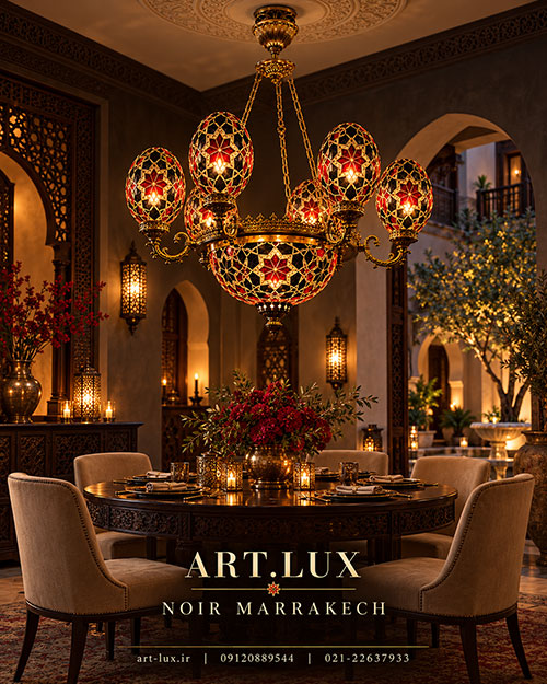Six-arm floral vitrail chandelier with a blue glass bowl in an ivory living room